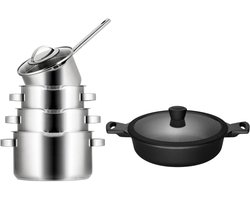 Sola Pannenset Pearl 5-Delig RVS - Downdraft geschikt - Kookpan ø 16, 18, 20 cm & Steelpan ø 16 cm + Sola Hapjespan Fair ø 28 cm - geschikt voor alle warmtebronnen