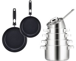 Sola Pannenset Ruby 7-delig - Kookpan ø 16, 18, 20 en 24 cm en steelpan ø 16 cm & BEKA Koekenpannen ø 24 & 28 cm