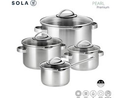 Sola Pearl Premium pannensets - 4-delig - Premium RVS Pannen - Kookpannen met Steelpan - Geschikt voor Elke Warmtebron - PFAS Vrij - Zilver