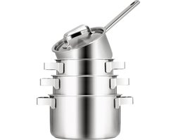 Sola Premium pannensets Inductie - 4-delig - Ø 16 cm - Premium RVS Pannen - Kookpannen met Steelpan - Geschikt voor Elke Warmtebron - PFAS Vrij - Zilver