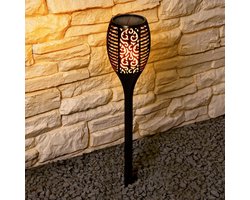 Solar buitenlamp 'Fakkel' - 3-in-1: wandlamp, tafellamp en priklamp - Met schemersensor - IP65 - 100 lumen - Warm wit licht (1900K) - Bewegend vlameffect - Zwart - Tuinverlichting op zonne-energie