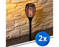 Solar buitenlamp 'Fakkel' - Set van 2 stuks - 3-in-1: wandlamp, tafellamp en priklamp - Met schemersensor - IP65 - 100 lumen - Warm wit licht (1900K) - Bewegend vlameffect - Zwart - Tuinverlichting op zonne-energie