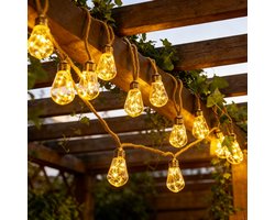 Solar buitenverlichting - 5 meter retro henneptouw solar tuinverlichting - Waterdichte warmgekleurde solar lichtslinger - 8 standen - Afstandsbediening - USB-opladen - 10 onbreekbare lampjes - Geschikt voor tuinen, schuttingen, trappen en balkons