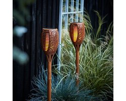 Solar Fakkel Set - Bamboe Tuinlampen - Buiten Verlichten - Realistische Vlam - 80 cm Hoog - Warm Wit