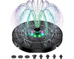 Solar Fontein op Zonne Energie - LED Verlichting - 16cm - Solar Vijverpomp met Waterfontein - met 8 Opzetstukken - Waterornament - Solar fonteintje Vogelbad - Milieuvriendelijke Fontein - Voor Tuin / Vijver / Zwembad
