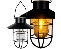 Solar Hanglamp Buiten - Warm Wit LED - Schemersensor en Bewegingssensor - Waterdicht Weerbestendig - Vintage Lantaarn - Hangend Met Handvat