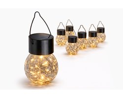 Solar Lamp Buiten Set van 10 – LED Tuinverlichting op Zonne-energie – Hangende Solar Lantaarn – Glazen Bol Crackle Design – Warm Wit Licht 3000K – Sfeerverlichting Tuin, Balkon & Terras – Zwart Ø6x14 cm