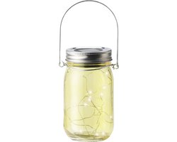 Solar lamp pot met deksel geel glas 14 cm - Tuinverlichting Party/feestverlichting