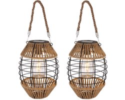 Solar lantaarn voor staande tuindecoratie tuinverlichting hennep, om op te hangen of te staan, LED warm wit, DxH 16,5x40,5 cm, set van 2