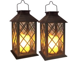 Solar Lantaarns – Hangende Buitenlantaarns met LED-kaarsen (flikkerend en vlamloos) die 2x langer meegaan – Waterdichte, decoratieve tuinlantaarns voor terras, veranda, vlonder, tuin en tafeldecoratie – Set van 2