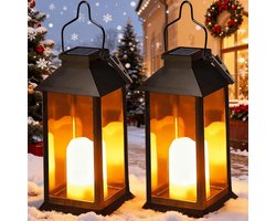 Solar Lantaarns Set van 2 - Buitenverlichting met Vlam Effect - Weerbestendige Hang- en Tafellampen - Voor Terras, Balkon en Tuinhuisje