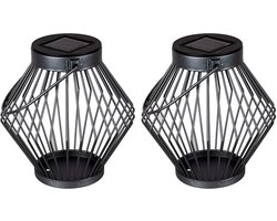 Solar LED Lantaarns Rotan 17 cm - Draadloos op zonne-energie - Grijs - DUOPACK