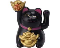 Solar Powered Lucky Cat - 2 Inch Swinging Arm Chinese Lucky Money Cat Ornament - Cat Statue voor Home en Car Ornaments - Zwarte Decoratie