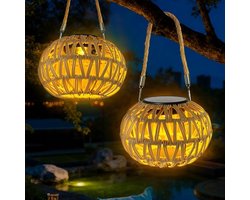 Solar Rotan Lantaarns Set Van 2 - Handgeweven Buitenlampen Op Zonne-energie - Hangend Of Staand Te Gebruiken - IP65 Waterdichte Tuinverlichting Voor Tuin, Terras En Balkon