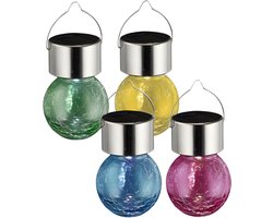 Solar sfeer hanglamp - 4x stuks - geel / groen / roze / blauw - 9 cm - glas - aan haak