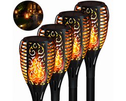 Solar Tuinfakkels - 4 Stuks - LED Tuinlampen met Vlameffect - Tuinverlichting op Zonne-energie - Grondspots voor Tuin, Terras en Tuinpad - Zwart