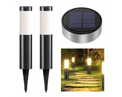 Solar Tuinlamp-2Stuks Solar Tuinverlichting-Tuinverlichting op zonne energie-Padverlichting-Warm licht-Zonne verlichting voor buiten-buitenlamp-landschap stok lamp buiten-Gazon lamp Cilindrisch steek lichten zaklamp straatlantaarn(Zwart)