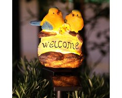 Solar Tuinlamp – Welkomstlamp met Vogels – Decoratieve Buitenverlichting – Geel – 39 cm – Op Zonne-energie