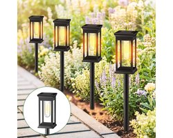 Solar Tuinlampen 4 Stuks – Solar priklamp - wolfraam lamp - Grondspot - Vintage LED Filament Design – Warm Wit Licht –– IP65 Waterdicht – Automatisch Aan/Uit -Buitenverlichting voor Tuin, Pad & Terras