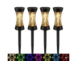Solar Tuinlampen Set van 4 – Krachtige LED Buitenlampen met Warm Wit & RGB – Waterdicht IP65 – Automatische Sensor – Tuinpad & Sfeerverlichting
