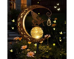 Solar Tuinlampen voor Buiten - Weerbestendige Maan Solarleuchte - Metalen Maanlamp met LED Glazen Bol - Elfe Decoratie voor Terras, Balkon, Pad, Gazon - Zilver - 1 Stuk
