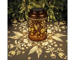 Solar Tuinlantaarn - Buitenzonnelamp - Hangende Metalen Lantaarn - Waterdichte Solar Lamp - Kolibrie Tuindecoratie - Voor Buiten & Terras - Goud/Koper - Warm Wit Licht