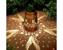 Solar Tuinlantaarn - Buitenzonnelamp - Hangende Metalen Lantaarn - Waterdichte Solar Lamp - Kolibrie Tuindecoratie - Voor Buiten & Terras - Goud/Koper - Warm Wit Licht