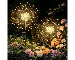 Solar Tuinverlichting - 2 Stuks - 120 LED lichtsnoeren - Vuurwerkverlichting - Sfeerverlichting - Fairy Lights - 8 Modi - Waterdicht - Prikspots - Voor tuin, kerstverlichting, padverlichting, gazon, zwembad, terras, decoratie - Warm wit