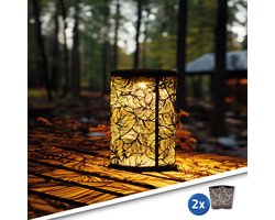 Solar tuinverlichting lantaarn Eron - Voordeelset van 2 stuks - Tafellamp en hanglamp - Warm wit licht - Bijzonder lichteffect - Buitenlamp op zonne-energie - Draagbaar - Waterdicht - Zwart - Metaal