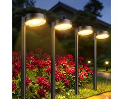Solar Tuinverlichting Pad - 4 Stuks - 12 LED - Tuinverlichting op Zonne Energie - Waterdicht IP65 - Priklamp / Tuinfakkels - Buitenlampen voor Gazon, Terras & Balkon - Zwart