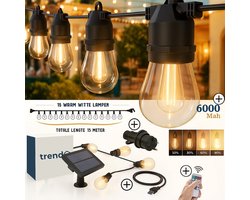 Solar tuinverlichting - Tuinverlichting - Tuinverlichting op zonneenergie - Buitenverlichting - Lichtsnoer buiten - Lichtslinger- Weersbestendig - 4 lichtinstellingen - Zonne-energie + adapter oplaadmogelijkheid -15 lampjes - 15 m - Zwart