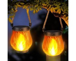 Solar Tuinverlichting - Tweedelige Set - Lantaarn Buitenverlichting - 13x13cm - Dansende Vlam - Hangend Buiten - Vlammenlamp van Henneptouw - Campinglamp - Geschikt voor Terras - Tuin - Patio - Balkon - Tuindecoratie - Zwart