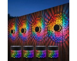 Solar Wandlamp Buiten met Mandala-projectie en Kleurwisseling (7 Kleuren) - Set van 4 - Decoratieve Solar Schuttinglampen - RGB Gekleurde Tuinverlichting - Solar Lampen Tuin RGB - Waterdicht - Sfeerlampen voor Schutting & Wand - SOLLBRY®