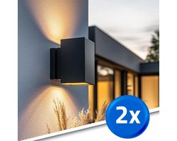 Solar wandlamp buiten 'Sverre' recht - Set van 2 - Up down light - Warm wit licht (2700K0 - 50 lumen - IP54 - Met schemersensor - Tuinverlichting op zonne-energie geschikt voor schutting - Zwart