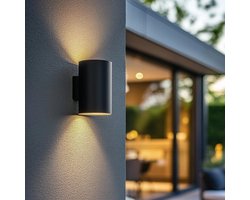 Solar wandlamp buiten 'Sverre' rond - Met bewegingssensor - Up down light - Warm wit licht (2700K) - 50 lumen - Aluminium behuizing - Tuinverlichting op zonne-energie geschikt voor schutting - Zwart