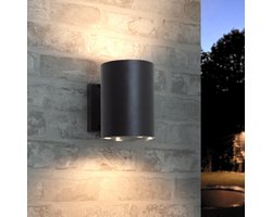 Solar wandlamp buiten 'Sverre' rond - Up down light - Warm wit licht - Tuinverlichting op zonne-energie geschikt voor schutting - Zwart