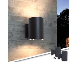Solar wandlamp buiten 'Sverre' rond - Voordeelset van 2 stuks - 2 lichtstanden - Up down light - Warm wit licht - Tuinverlichting op zonne-energie geschikt voor schutting - Zwart