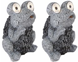 Solarlamp kikker grijs solar figuur kikker buitenlamp steen look solar, oplaadbare batterij IP44, LED 2x 0,06 watt, LxBxH 17x14x21 cm, set van 2