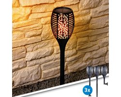 Solarlamp LED 'Fakkel' - Voordeelset van 3 stuks - Fakkel lampen met schemersensor - Tuinverlichting op zonne-energie - LED tuinfakkels - Zwart