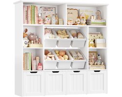 Solayne Boekenkast - Opbergkast - Organizer - Vakkenkast - Speelgoedkast - 6 vakken, 4 lades, 6 bakken - 125x33x121,5cm - Wit