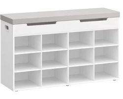 SOLEA Schoenenkast met bank - Schoenenrek - schoenenbank - 12 vakken - 100 cm x 30 cm x 54,5 cm - Wit - Grijs