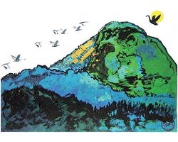 Solide berg met zwaan/vogels