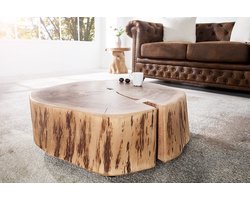 Solide salontafel GOA 60cm acacia boomstam met unieke wielen