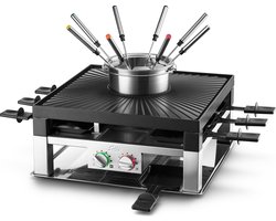 Solis Combi Tafelgrill 3 in 1 796 Gourmetstel 8 Personen - Fondue, Raclette & Grill - Fondueset - Anti Aanbaklaag - 1.3L Fonduepan - Zilver/Zwart
