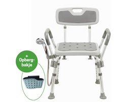 SoluHome® Douchestoel - Douchekruk - Zithoogte: 43-53 cm - Met Afneembare Rugleuning en Armleuning - Douchekophouder - Badkamerkruk - Douchezitje - Antislip - Met Douchekophouder en Bakje - Badkamerkruk