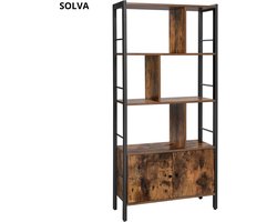 SOLVA Kast - Boekenkast - Stellingkast - Boekenkast met deuren - 4 planken - 2 kastdeuren - 74x30x154.5 cm - Hout - Zwart/Bruin