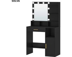 SOLVA Make Up Tafel - Kaptafel - Met Spiegel - Met LED Verlichting - 4 Open Vakken - Grote Lade - Tot 69 Kilo - 40×80×140 cm - Zwart