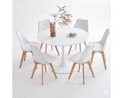 Solvix Eettafel – Eetkamerstoelen Set van 6 – Eetkamerstoelen – Tafel – Ronde Eettafel met 6 Stoelen – Modern Design – Voor Eetkamer en Keuken – Wit/Zwart