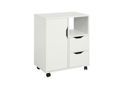 Solvix Opbergkast – Opbergkasten met Deuren – Kast – Printertafel met Wielen – 2 Lades en 1 Deur – Bureaukast – 60×35×70 cm – Wit
