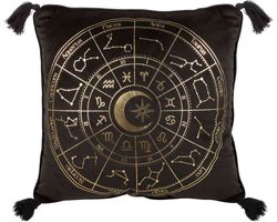 Something Different - Astrologie Wiel Fluwelen Kussen - 35cm - vierkant zwart /goudkleurig